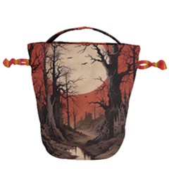 Comic Gothic Macabre Vampire Haunted Red Sky Drawstring Bucket Bag by Maspions