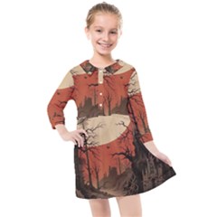 Comic Gothic Macabre Vampire Haunted Red Sky Kids  Quarter Sleeve Shirt Dress by Maspions