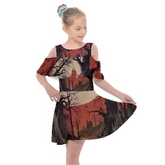 Comic Gothic Macabre Vampire Haunted Red Sky Kids  Shoulder Cutout Chiffon Dress