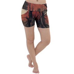 Comic Gothic Macabre Vampire Haunted Red Sky Lightweight Velour Yoga Shorts by Maspions