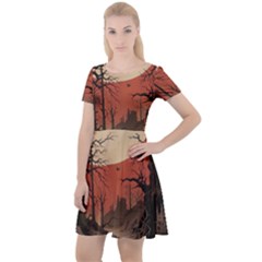 Comic Gothic Macabre Vampire Haunted Red Sky Cap Sleeve Velour Dress 