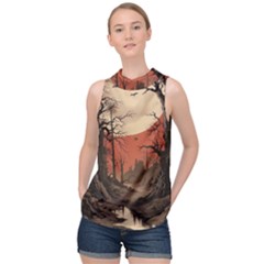 Comic Gothic Macabre Vampire Haunted Red Sky High Neck Satin Top