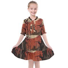 Comic Gothic Macabre Vampire Haunted Red Sky Kids  All Frills Chiffon Dress