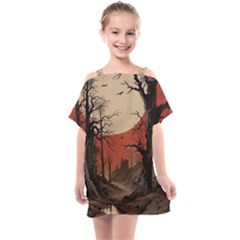 Comic Gothic Macabre Vampire Haunted Red Sky Kids  One Piece Chiffon Dress