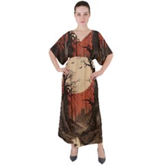 Comic Gothic Macabre Vampire Haunted Red Sky V-neck Boho Style Maxi Dress by Maspions