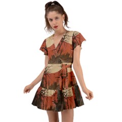 Comic Gothic Macabre Vampire Haunted Red Sky Flutter Sleeve Wrap Dress