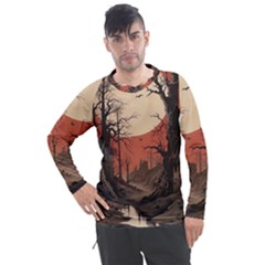 Comic Gothic Macabre Vampire Haunted Red Sky Men s Pique Long Sleeve T-shirt