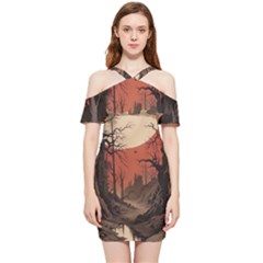 Comic Gothic Macabre Vampire Haunted Red Sky Shoulder Frill Bodycon Summer Dress