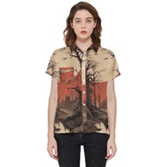 Comic Gothic Macabre Vampire Haunted Red Sky Short Sleeve Pocket Shirt