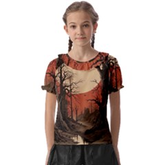 Comic Gothic Macabre Vampire Haunted Red Sky Kids  Frill Chiffon Blouse