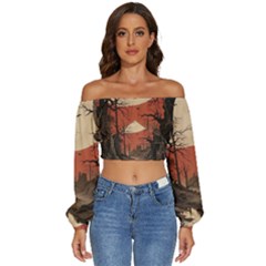 Comic Gothic Macabre Vampire Haunted Red Sky Long Sleeve Crinkled Weave Crop Top