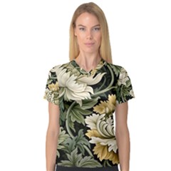 Flower Blossom Bloom Botanical Spring Nature Floral Pattern Leaves V-neck Sport Mesh T-shirt