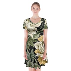 Flower Blossom Bloom Botanical Spring Nature Floral Pattern Leaves Short Sleeve V-neck Flare Dress