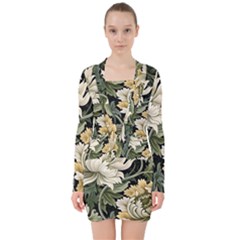 Flower Blossom Bloom Botanical Spring Nature Floral Pattern Leaves V-neck Bodycon Long Sleeve Dress by Maspions