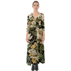 Flower Blossom Bloom Botanical Spring Nature Floral Pattern Leaves Button Up Boho Maxi Dress