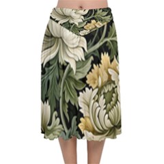 Flower Blossom Bloom Botanical Spring Nature Floral Pattern Leaves Velvet Flared Midi Skirt