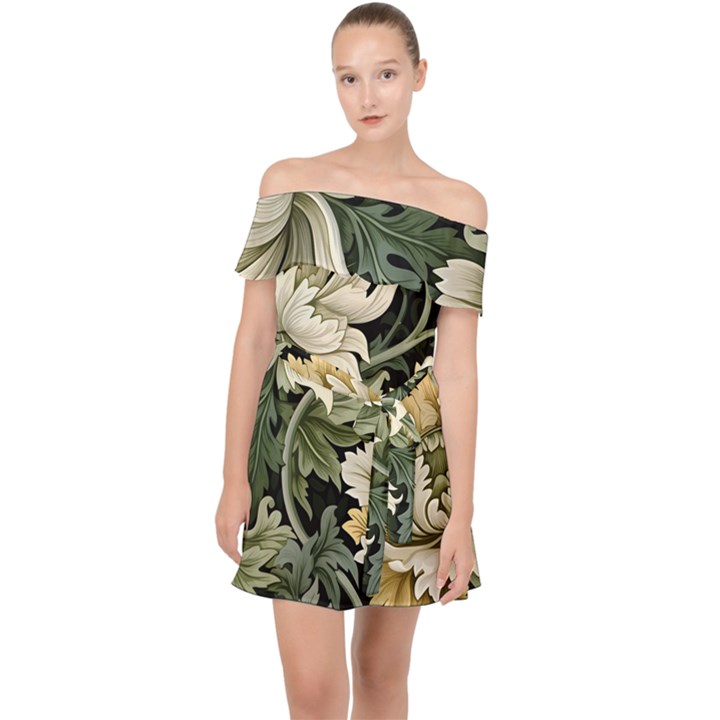 Flower Blossom Bloom Botanical Spring Nature Floral Pattern Leaves Off Shoulder Chiffon Dress