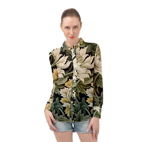 Flower Blossom Bloom Botanical Spring Nature Floral Pattern Leaves Long Sleeve Chiffon Shirt by Maspions