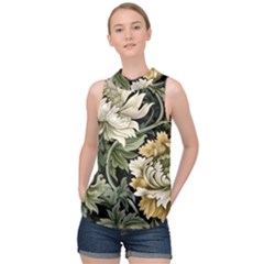 Flower Blossom Bloom Botanical Spring Nature Floral Pattern Leaves High Neck Satin Top