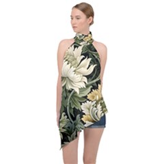 Flower Blossom Bloom Botanical Spring Nature Floral Pattern Leaves Halter Asymmetric Satin Top