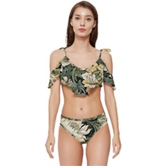 Flower Blossom Bloom Botanical Spring Nature Floral Pattern Leaves Ruffle Edge Tie Up Bikini Set	