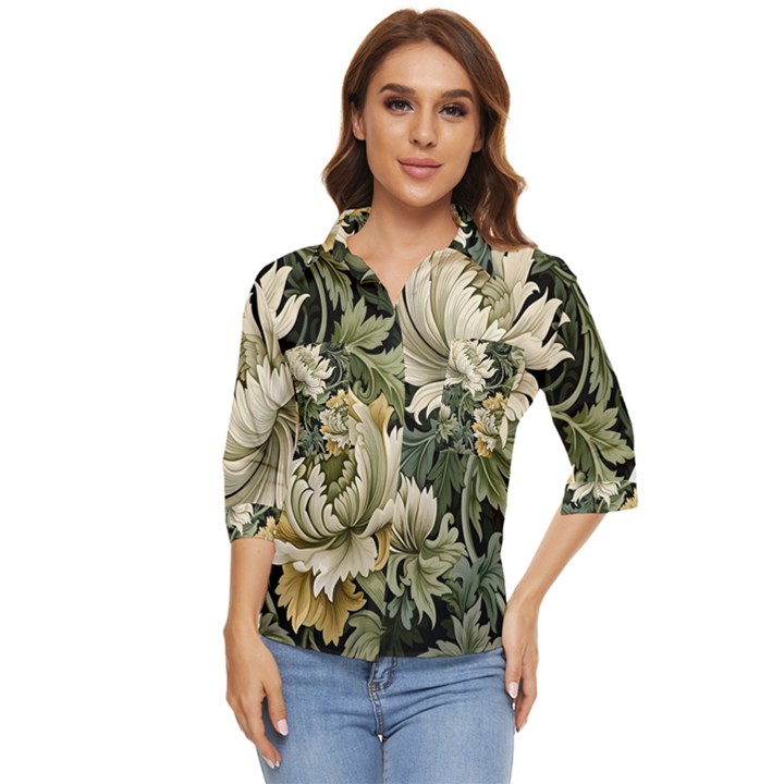 Flower Blossom Bloom Botanical Spring Nature Floral Pattern Leaves Women s Quarter Sleeve Pocket Shirt