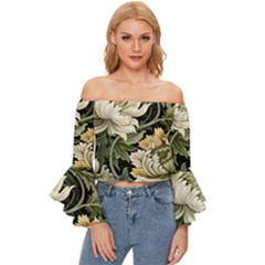 Flower Blossom Bloom Botanical Spring Nature Floral Pattern Leaves Off Shoulder Flutter Bell Sleeve Top