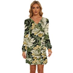 Flower Blossom Bloom Botanical Spring Nature Floral Pattern Leaves Long Sleeve Waist Tie Ruffle Velvet Dress