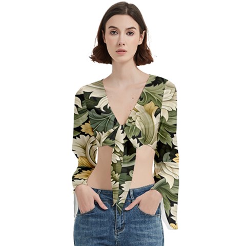 Flower Blossom Bloom Botanical Spring Nature Floral Pattern Leaves Trumpet Sleeve Cropped Top by Maspions