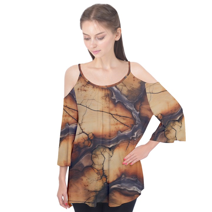 Texture Woodgrain Pattern Nature Wood Pattern Flutter Sleeve T-Shirt 