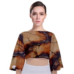 Texture Woodgrain Pattern Nature Wood Pattern Tie Back Butterfly Sleeve Chiffon Top