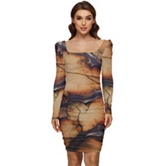 Texture Woodgrain Pattern Nature Wood Pattern Women Long Sleeve Ruched Stretch Jersey Dress