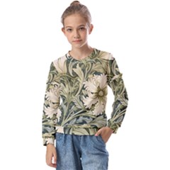 Flower Floral Pattern Floral Digital Paper Spring Flora Botanical Blossom Bloom Vintage Art Kids  Long Sleeve T-shirt With Frill 