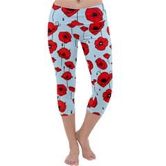 Poppies Flowers Red Seamless Pattern Capri Yoga Leggings