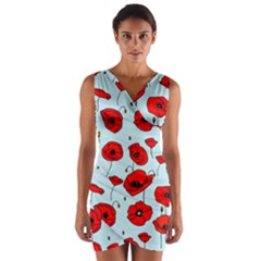 Poppies Flowers Red Seamless Pattern Wrap Front Bodycon Dress