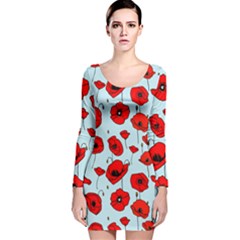 Poppies Flowers Red Seamless Pattern Long Sleeve Velvet Bodycon Dress