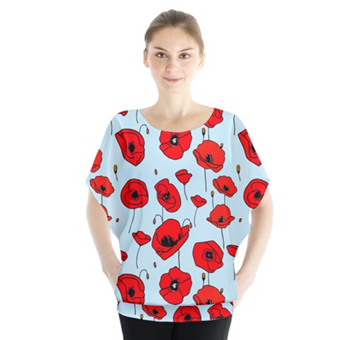 Poppies Flowers Red Seamless Pattern Batwing Chiffon Blouse by Maspions