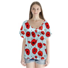 Poppies Flowers Red Seamless Pattern V-neck Flutter Sleeve Top