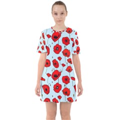 Poppies Flowers Red Seamless Pattern Sixties Short Sleeve Mini Dress