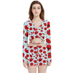 Poppies Flowers Red Seamless Pattern Velvet Wrap Crop Top And Shorts Set