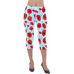 Poppies Flowers Red Seamless Pattern Lightweight Velour Capri Leggings 