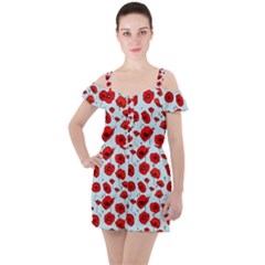 Poppies Flowers Red Seamless Pattern Ruffle Cut Out Chiffon Playsuit