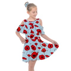 Poppies Flowers Red Seamless Pattern Kids  Shoulder Cutout Chiffon Dress