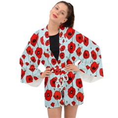 Poppies Flowers Red Seamless Pattern Long Sleeve Kimono