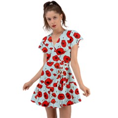 Poppies Flowers Red Seamless Pattern Flutter Sleeve Wrap Dress