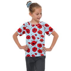 Poppies Flowers Red Seamless Pattern Kids  Mesh Piece T-shirt