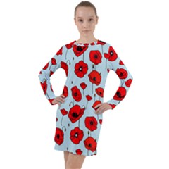 Poppies Flowers Red Seamless Pattern Long Sleeve Hoodie Dress