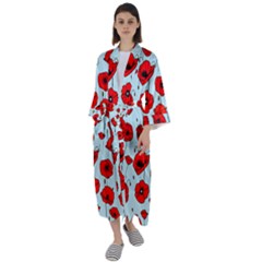 Poppies Flowers Red Seamless Pattern Maxi Satin Kimono