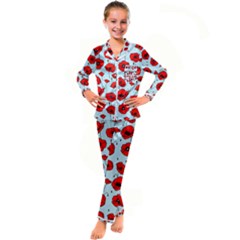 Poppies Flowers Red Seamless Pattern Kids  Satin Long Sleeve Pajamas Set