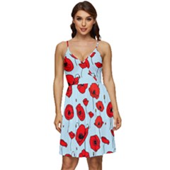 Poppies Flowers Red Seamless Pattern V-neck Pocket Summer Dress 